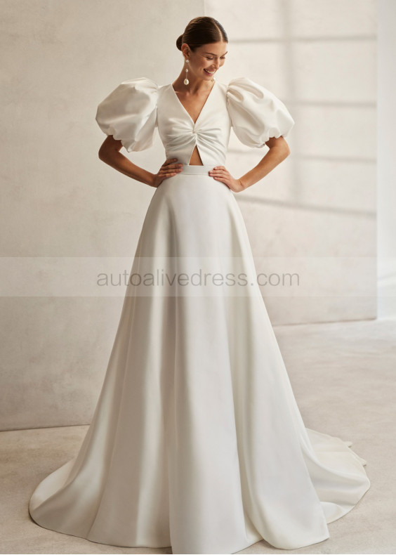 Two Piece Ivory Satin Keyhole Back Fashion Wedding Dress